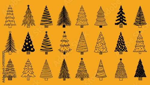 A collection of various hand-drawn Christmas tree illustrations in different styles on an orange background, perfect for holiday designs.