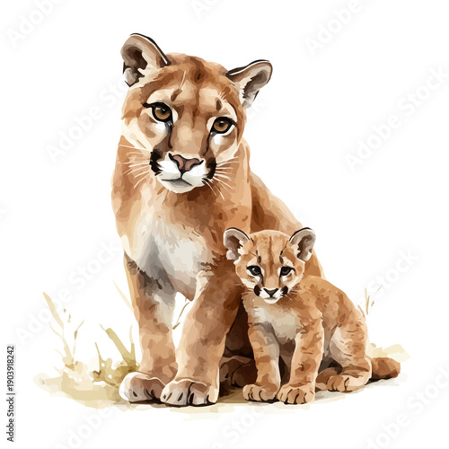A Mother Cougar With Her Kid, charming watercolor vector with soft tones and graceful design, isolated on a white background.