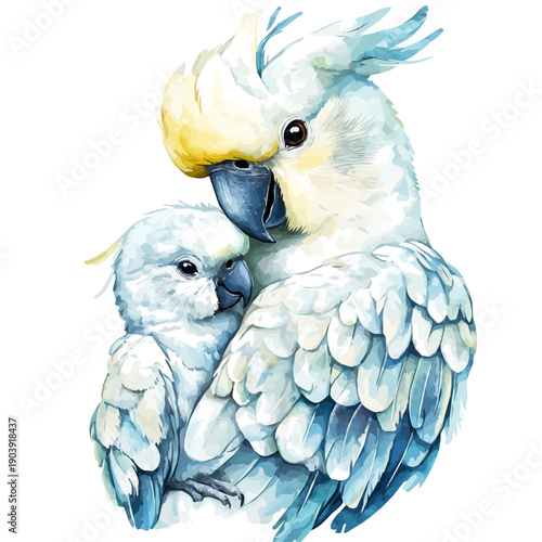 A Mother Cockatoo With Her Kid, vibrant watercolor vector illustration with flowing and detailed brush strokes, isolated on a white background.