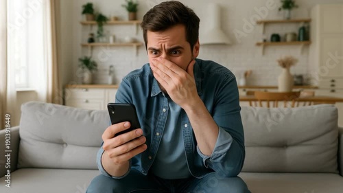 Stressed young man sits on his sofa, hand over his mouth in shock, reacting to bad news or a surprising message on his smartphone. He looks worried or upset about online content