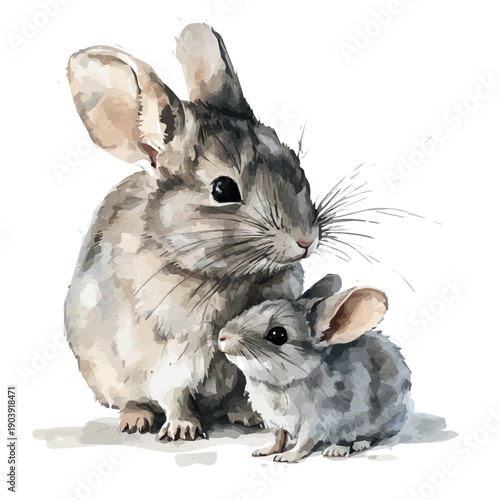 A Mother Chinchilla With Her Kid, delicate watercolor illustration vector with soft and elegant colors, isolated on a white background.