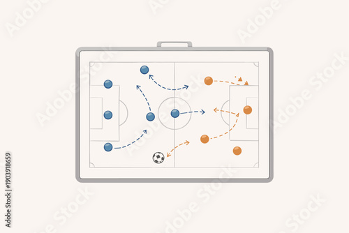 Soccer tactics strategy board vector illustration. Football tactics board with player positions and arrows. Flat vector illustration representing game strategy, coaching, team tactics and sports plan.