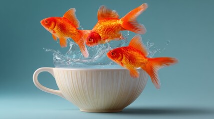 Three goldfish jumping out of a white cup filled with water, creating splashes against a soft blue background, showcasing vibrant colors and intricate details