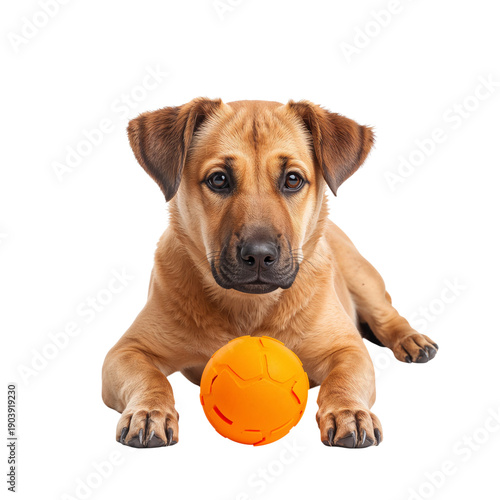 Dog Plays With an Orange Ball on a White Background During Indoor Activity