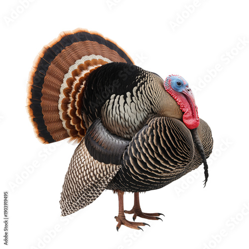 Large Turkey Stands Upright on a White Background Showing Feathers and Distin...
