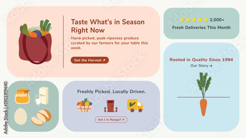 Fresh Food Market Bento Grid with Replaceable Text for Organic Grocery and Local Delivery Services