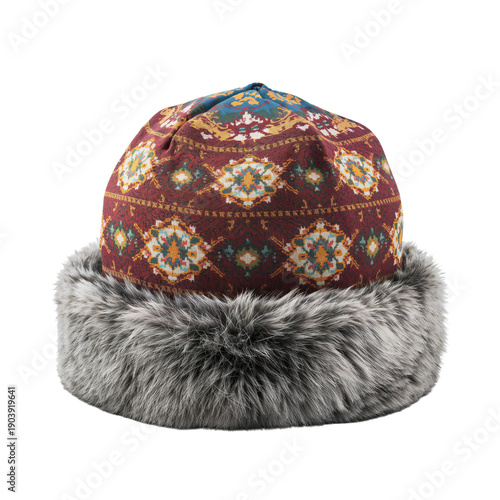 Traditional Hat With Patterns and Fur for Winter Wear Often Used in Cold Clim...