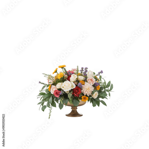 Colorful Flower Arrangement in a Metal Vase on a Simple Background