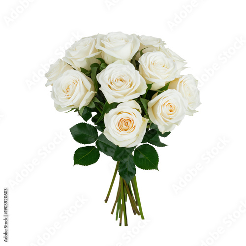Bouquet of White Roses With Green Leaves on a Plain White Background for Deco...