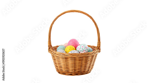Colorful Easter Eggs in a Woven Basket Placed on a Plain Background for Celeb...
