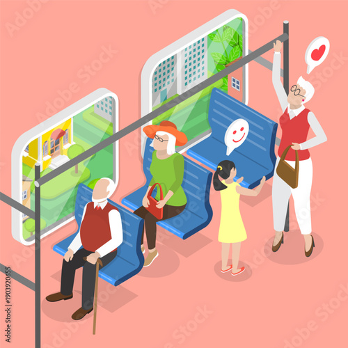 3D Isometric Flat Vector Illustration of Courteous Kid, Young Girl Shows Respect By Offering Seat To Elderly Woman