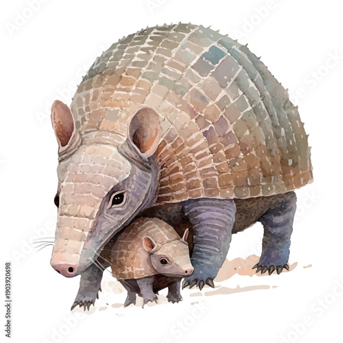 A Mother Armadillo With Her Kid, delicate watercolor illustration vector with soft and elegant colors, isolated on a white background.