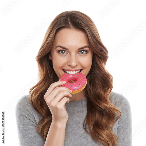 Woman Enjoys a Donut in a Light Studio Setting During Afternoon Hours