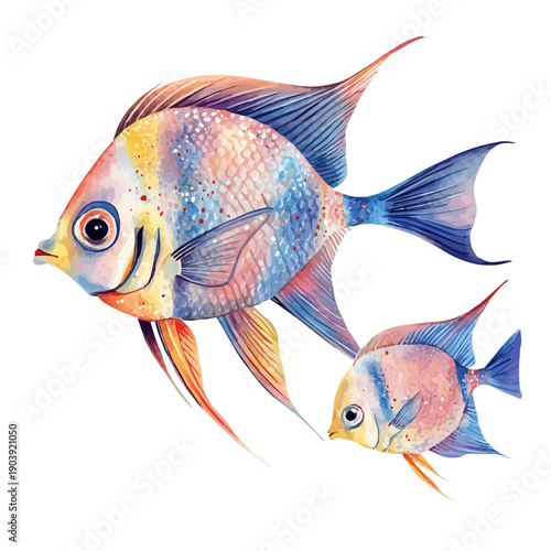 A Mother Angelfish With Her Kid, vibrant watercolor vector illustration with flowing and detailed brush strokes, isolated on a white background.