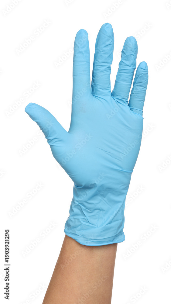 Obraz premium Medical worker in glove on white background, closeup