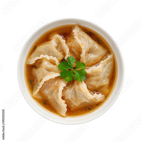 Soup With Dumplings and Green Onions Served in a Bowl on a Plain Background