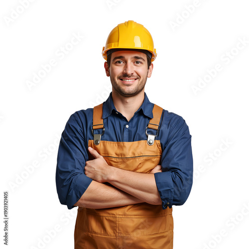 Worker Poses With Crossed Arms Wearing Yellow Hard Hat and Brown Overalls in ...