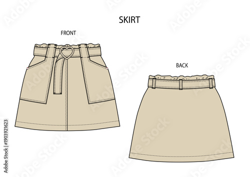 Skirt fashion technical drawing vector template.