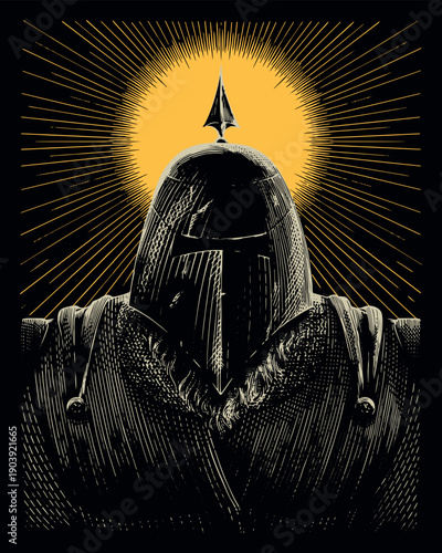 Medieval or renaissance knight in helmet standing in front of shining moon for festival poster of dark fantasy game. Hand drawn woodcut engraving. Brutal illustration of ancient warrior.