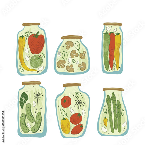 Hand drawn illustration set of glass jars with homemade preserves and pickles in naive folk art style. Collection includes chili peppers, tomatoes, cucumbers, mushrooms, asparagus and garlic. 