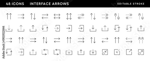 Arrow icon set. Different arrow icons, direction, navigate, double arrow, different direction, entrance, collapse, upload, download and more. Editable stroke. Pixel Perfect. Grid base 32 x 32.