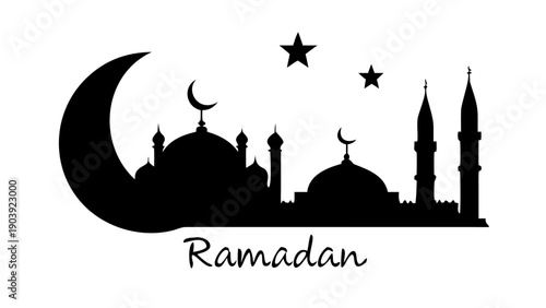 Mosque skyline silhouette with crescent moon and stars backdrop for ramadan kareem greeting card design vector