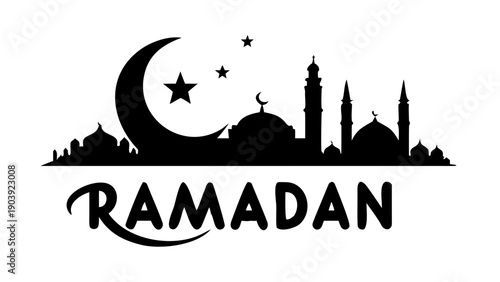 Mosque skyline silhouette with crescent moon and stars backdrop for ramadan kareem greeting card design vector