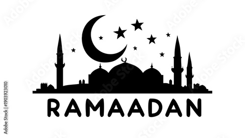 Mosque skyline silhouette with crescent moon and stars backdrop for ramadan kareem greeting card design vector