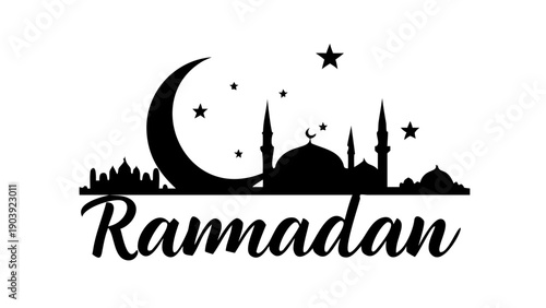 Mosque skyline silhouette with crescent moon and stars backdrop for ramadan kareem greeting card design vector