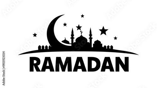 Mosque skyline silhouette with crescent moon and stars backdrop for ramadan kareem greeting card design vector