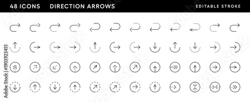 Arrow icon set. Direction arrows, navigate, turn right, turn left, curved right, import, export, top right and more. Editable stroke. Pixel Perfect. Grid base 32 x 32.