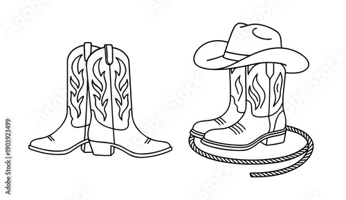 Cowboy boots with a cowboy hat and a lasso. Line art illustration. Outline style.
