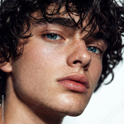 Jeune modèle homme aux cheveux bouclés noir et barbe naissante regardant la caméra, la bouche légèrement ouverte, taches de rousseur, mal rasé, yeux bleus, regard perçant, en gros plan