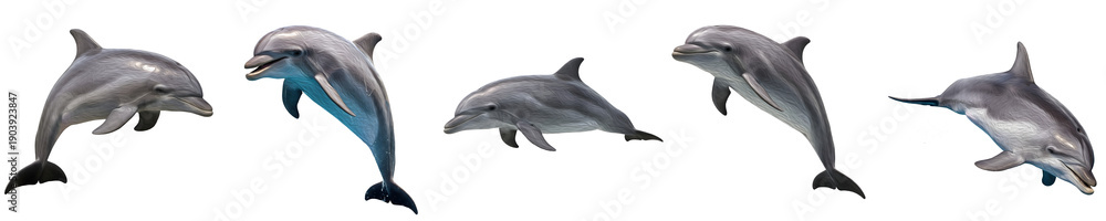 Fototapeta premium Bottlenose Dolphin Tursiops Truncatus jumping in different poses isolated on white background, group of intelligent marine mammals with grey skin and fins for aquatic biology art image