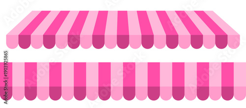 Two pink striped shop awning in flat and perspective view. Vector illustration of a vintage store or market canopy on transparent background. Seamless pattern stripes store awning.