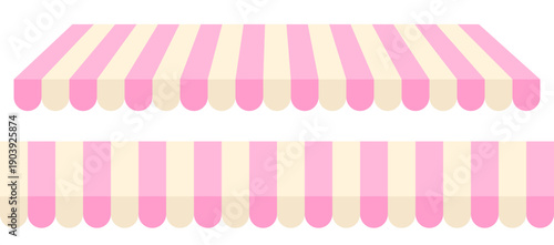 Candy pink and white striped shop awning. Vector illustration of a store or market canopy isolated on transparent background.	