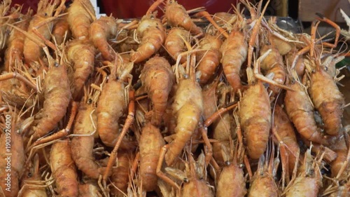 river prawn grilled. Asian street food in Thailand