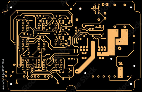 Tracing conductors of printed circuit board
of electronic device. Vector engineering technical
drawing. Pcb template. Electric background.
Computer technic cad design.