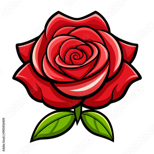 A vibrant red rose icon with green leaves on transparent background