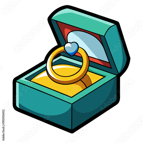 A cartoon-style illustration of a gold ring with a blue gemstone in an open teal jewelry box on transparent background
