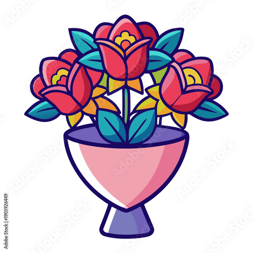 A colorful cartoon illustration of a vibrant flower bouquet in a pink vase on transparent background