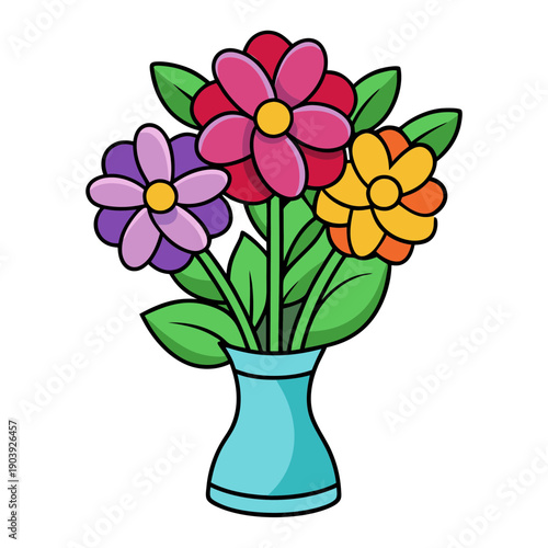A colorful cartoon illustration of a vase with flowers on transparent background