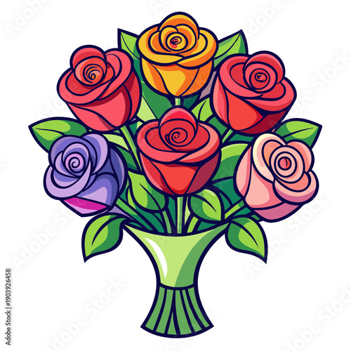A colorful bouquet of roses in a green vase on transparent background