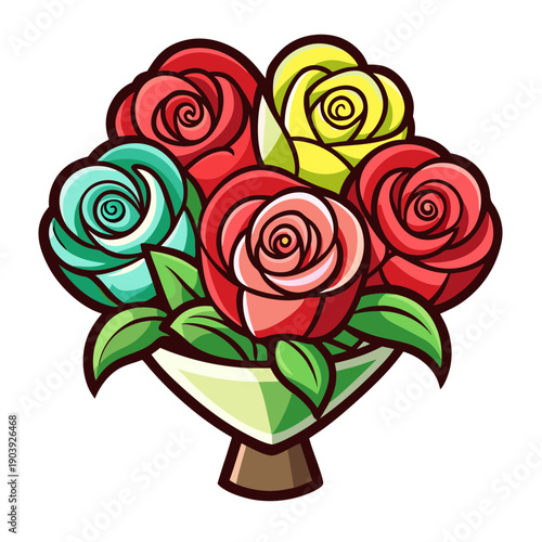A colorful bouquet of roses in a vase on transparent background