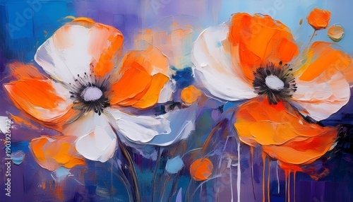 impasto oil painting orange and white poppy like flowers with dark centers on textured purple and blue the background is luminous abstract blue grey and white drips wallart poster