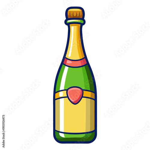 A colorful cartoon illustration of a champagne bottle on transparent background