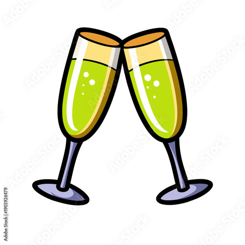 A colorful cartoon illustration of two champagne glasses clinking together on transparent background