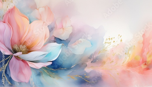 banner wall art of delicate abstract flower painting pastel colors ethereal style fluid watercolor decorative art space for texts