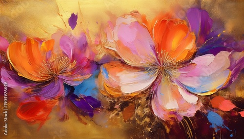 abstract painting of large colorful flowers with orange pink and purple petals on a textured golden background splattered paint modern art style banner invitation wall art greeting card