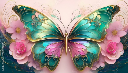 abstract art greeting card alcohol ink 3d butterfly with gold lines off center iridescent emerald pink sapphire wings with rose gold shimmer translucent swirls flowers copy space background